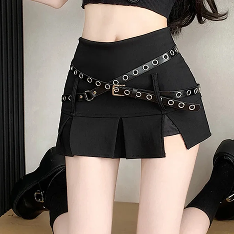 

Retro Slit Women Sexy Skirt American Hotsweet Cross Sashes Black High Waist Mini Skirt Summer Vintage A Line Slim Simple Skirts