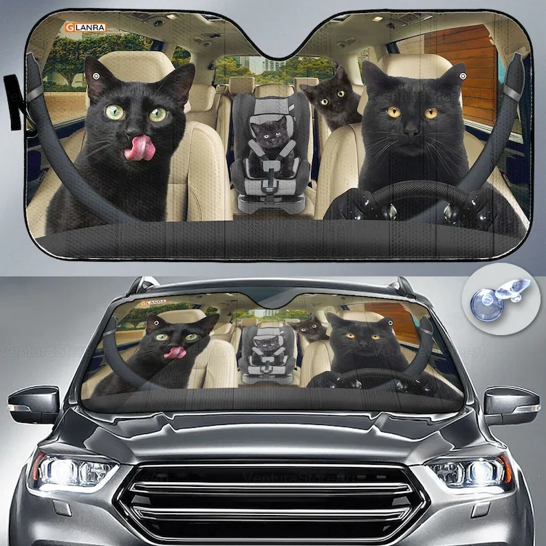 

Black Cat Car Sunshade, Black Cat Gift, Black Cat Car Decoration, Cat Seat Cover, Gift for Father, Automatic Sun Shade