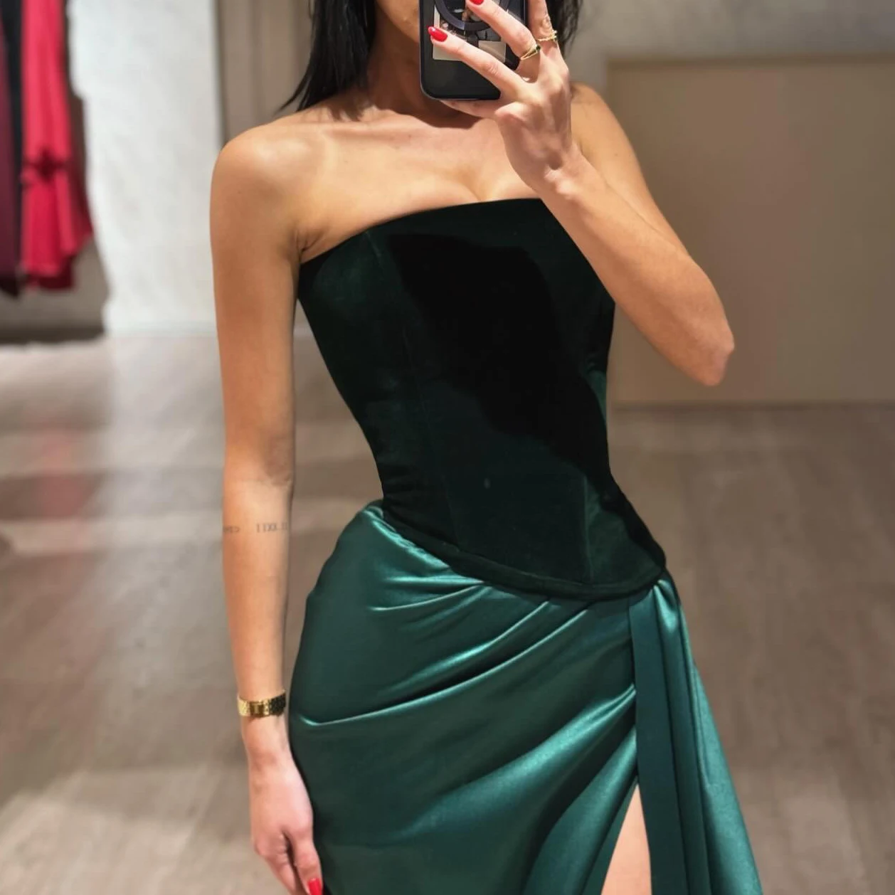 Elegante donkergroene zeemeermin galajurken strapless rugloze lange avondjurken fluwelen satijnen formele jurk robe de soiree