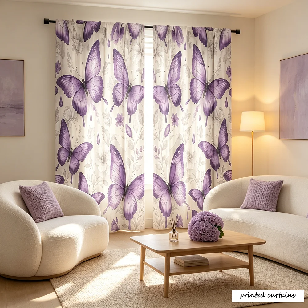 2pcs Elegant Purple Butterfly Curtains - Lavender Butterfly Flower Pattern Semi blackout Curtains, Art Deco Style, Machine Washa