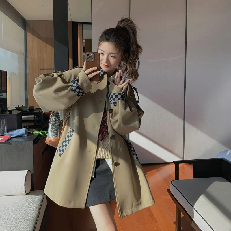 

2024 New Windbreaker Coat Women Spring Medium Length Jackets Korean Style Workwear Overcoat Checkerboard Grid Splicing Outwear