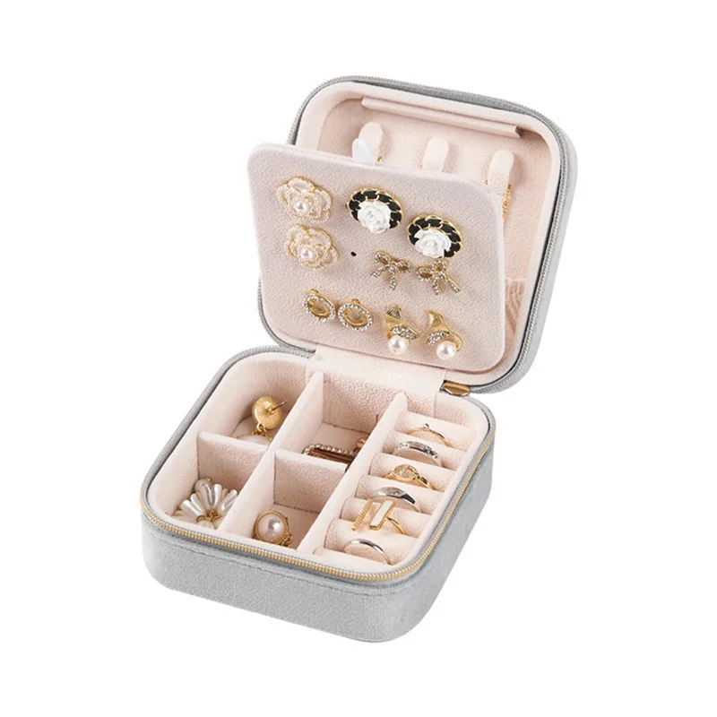 ABLU-caja de almacenamiento de joyería de viaje de terciopelo de felpa, pendientes y anillos, estuche de joyería de viaje, organizador de joyería, caja organizadora de viaje, Dura gris