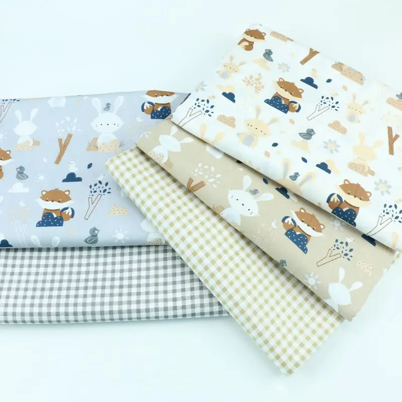 Cartoon Squirrel Rabbit Grid Print Cotton Fabric For Sewing Craft Cloth Quilting Baby Dress Tecido Diy Patchwork Handmade Tissu