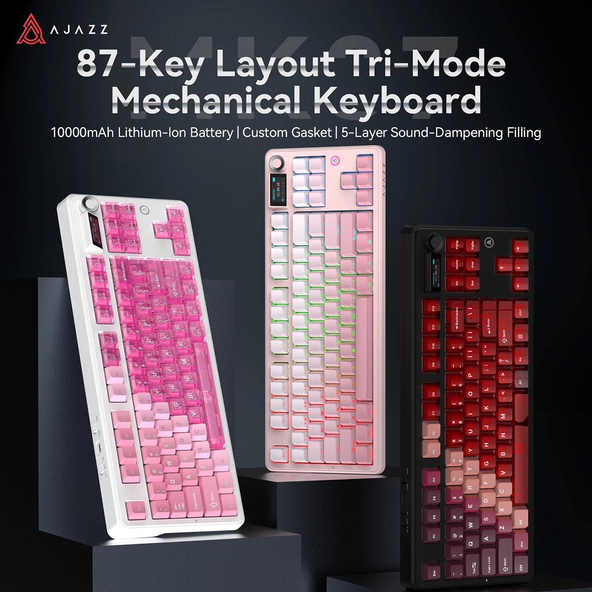 

AJAZZ MK87 Triple-Mode Mechanical Gaming Keyboard with Display, 87 Keys, Hot-Swappable, 10000mAh Long Battery Life