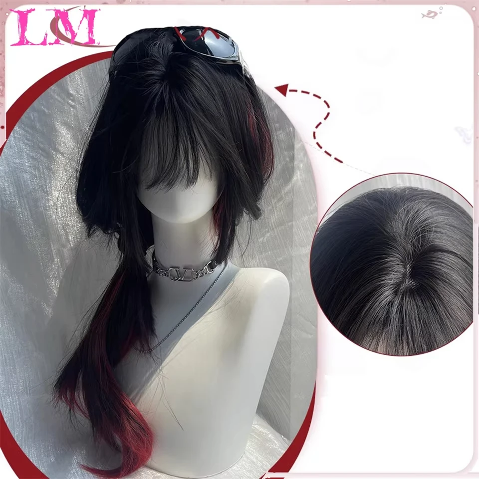 LM Synthetic Wig Black Red Cosplay Wig Long Straight Black Red Wig with Bangs Colorful Cosplay Party Christmas Wig For Women