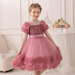 Young Sequin Shining Princess Gown Girl Fashion Evening Prom Gown Kids Floral Birthday Party Dresses Children Fancy Tutu Clothes