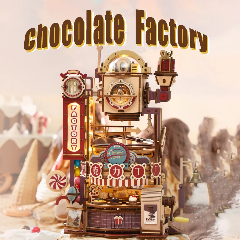 성인을 위한 3D 퍼즐 크리스마스 스타일 나무 모델 키트 초콜릿 공장 DIY 인형 집 키트 음악 조명으로 건축 어린이 선물