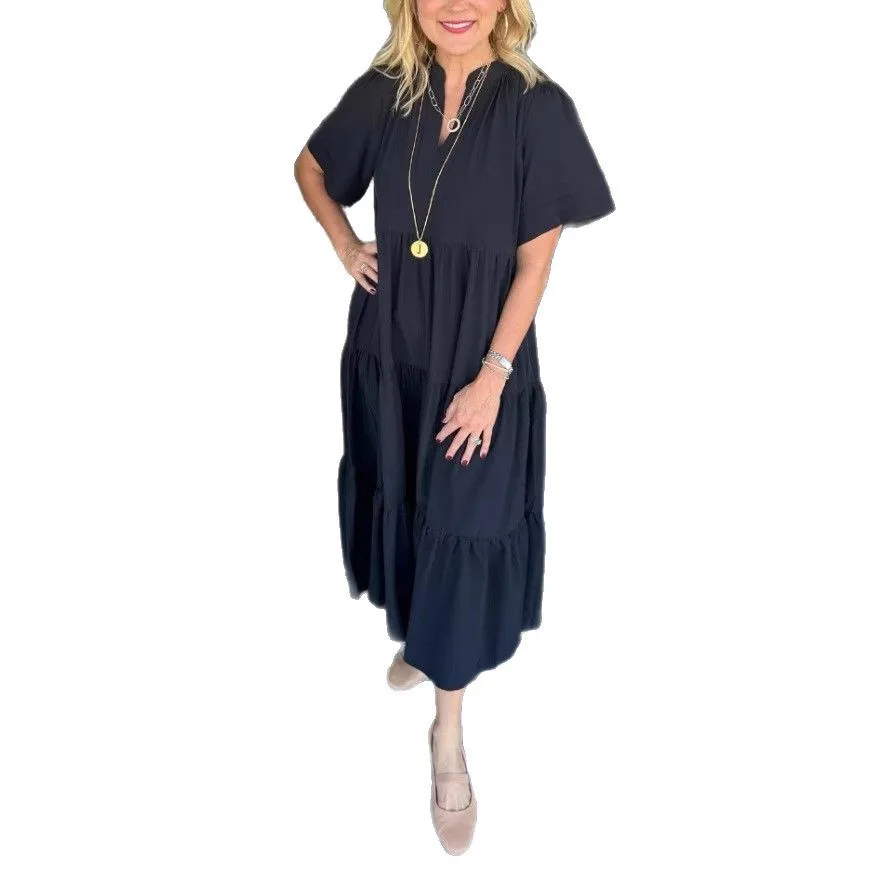 Nova moda feminina com decote em v em camadas bolso comprimento médio vestido feminino cor sólida manga curta solto vestido casual feminino