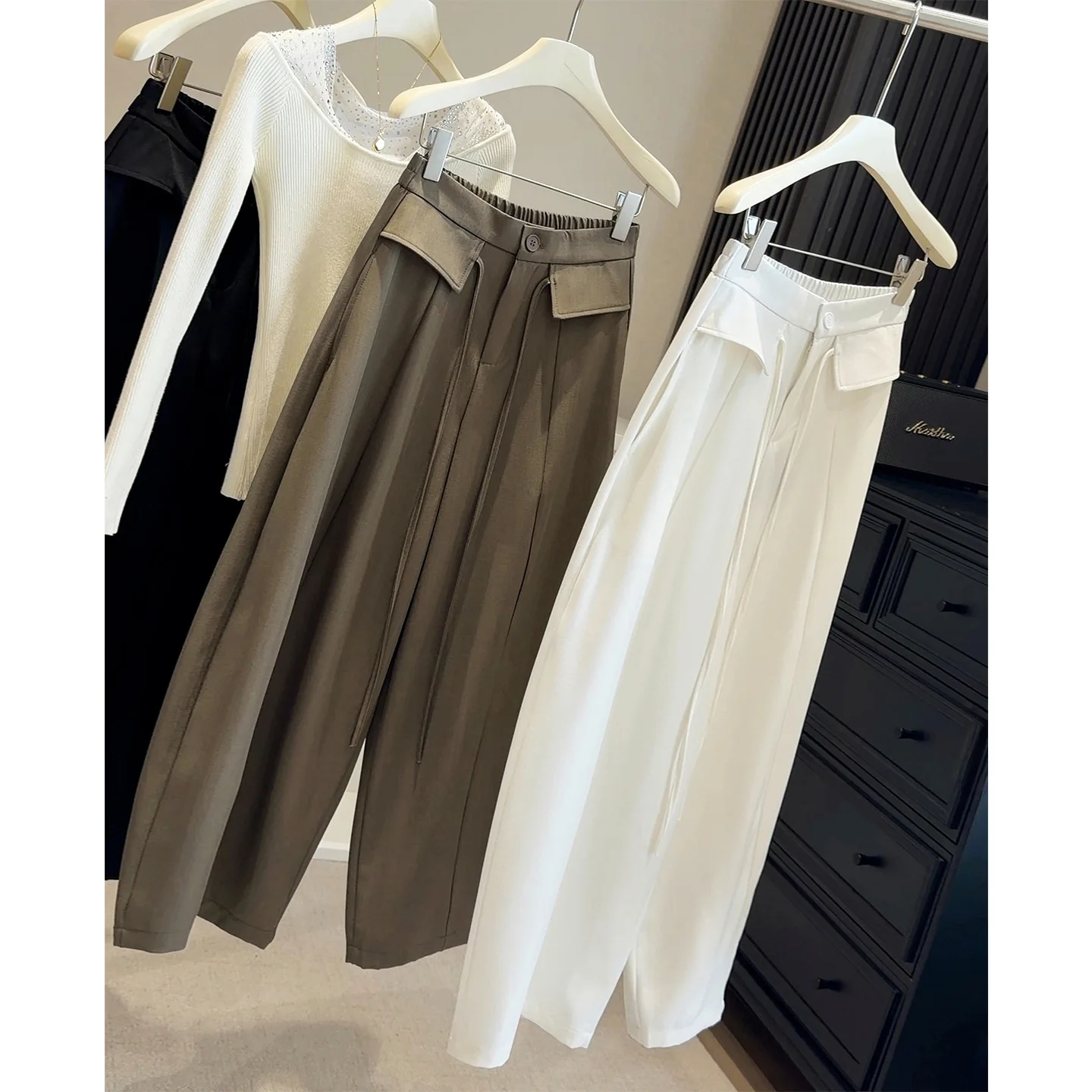 

2026 Spring New High Waist Wide Leg Suit Casual Pants Women's Elastic Waist Loose Straight Trousers