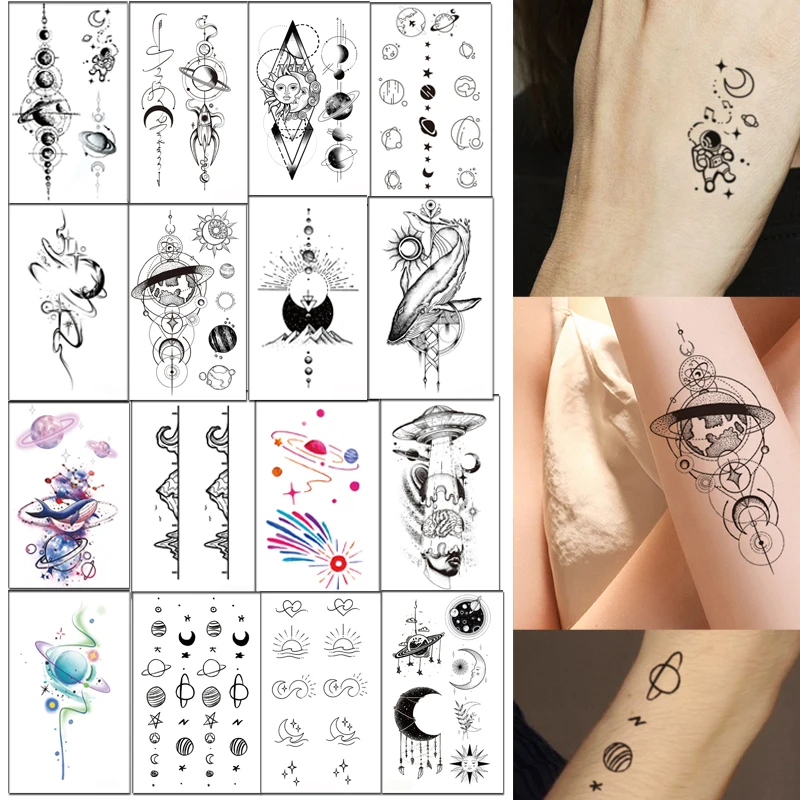 

16pcs Tattoo Sticker Temporary Planet Cartoon Spaceman Whale Moon Sun Element Waterproof Body Art Arm for Kids Women MenTatto