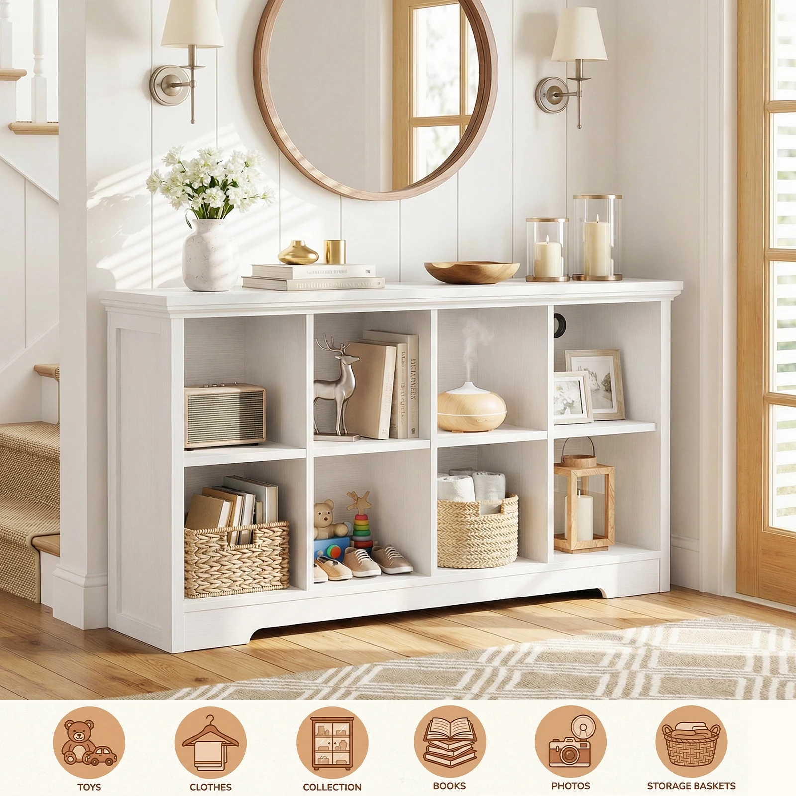 Aheaplus 8‑Cube Storage Organizer with Charging Ports, Modern Bookshelf with 2 AC Outlets & 3 USB Ports, Heavy‑Duty Floor Standing Display Shelf, Open Cubbies Bookcase for Home Office, Living Room – White