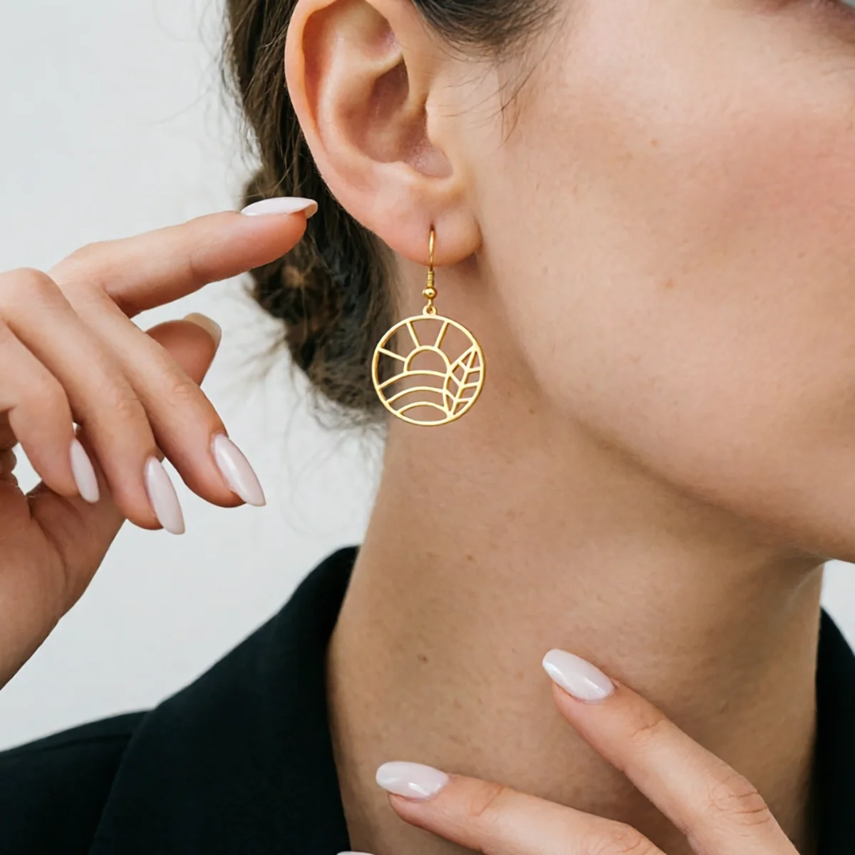 Sunrise Landscape Charms Earrings for Women Nature Outdoor Line Pendant Ear Hook Stainless Steel Jewelry Ear Cartilage Puncture
