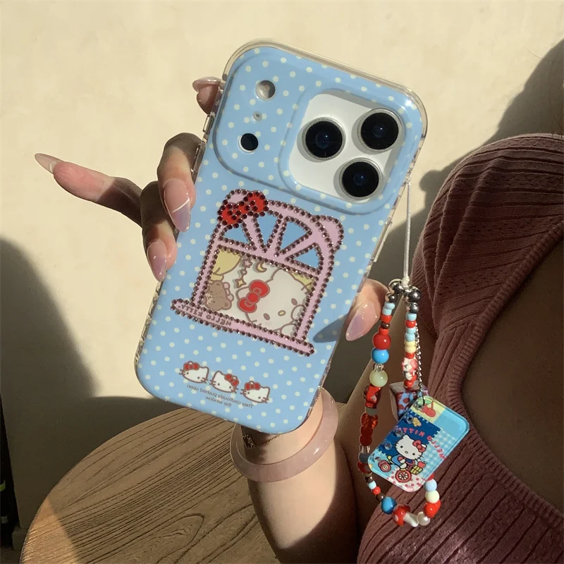 

Korean Blue Polka Dot Cute Kitty Phone Case For iPhone 17 16 Pro 15 14 Pro Max Back Cover with Hand Chain Strap Cartoon Cases