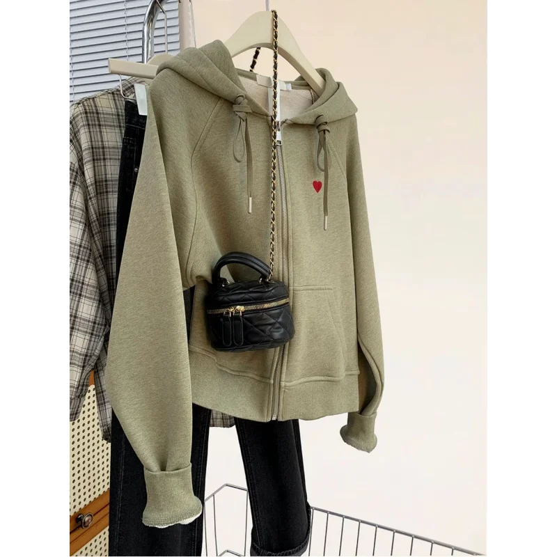 Grijze rits geborduurd lui sweatshirt met capuchon lente herfst nieuwe losse vest jas top