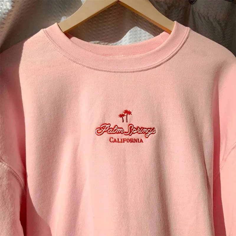 Palm Spring California Letters Embroidered Oversized Sweatshirts For Female Long Sleeve Cotton Crewneck Vintage Style Pullovers