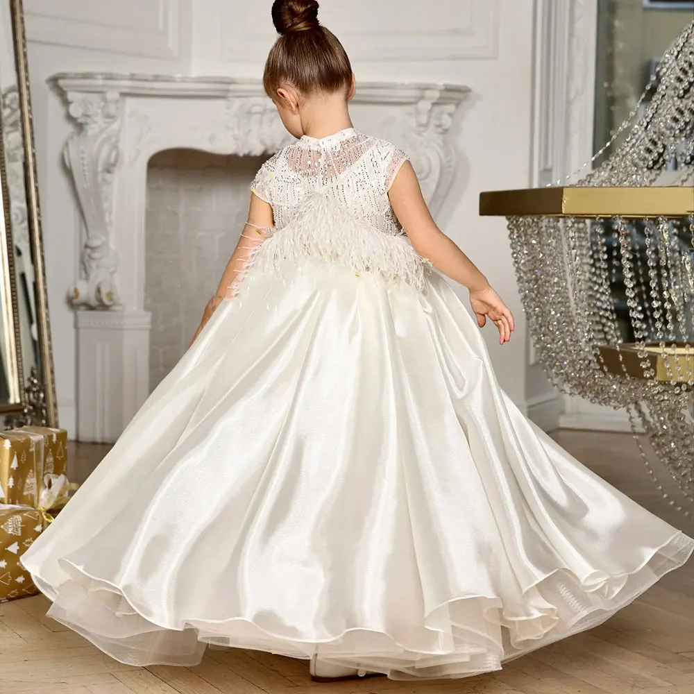 Jill Wish-Robe de Luxe Arabe Blanche pour Fille, Tenue de Princesse avec Perles et Plumes, pour ixd'Anniversaire, Mariage, Première Communion, 2025, J398