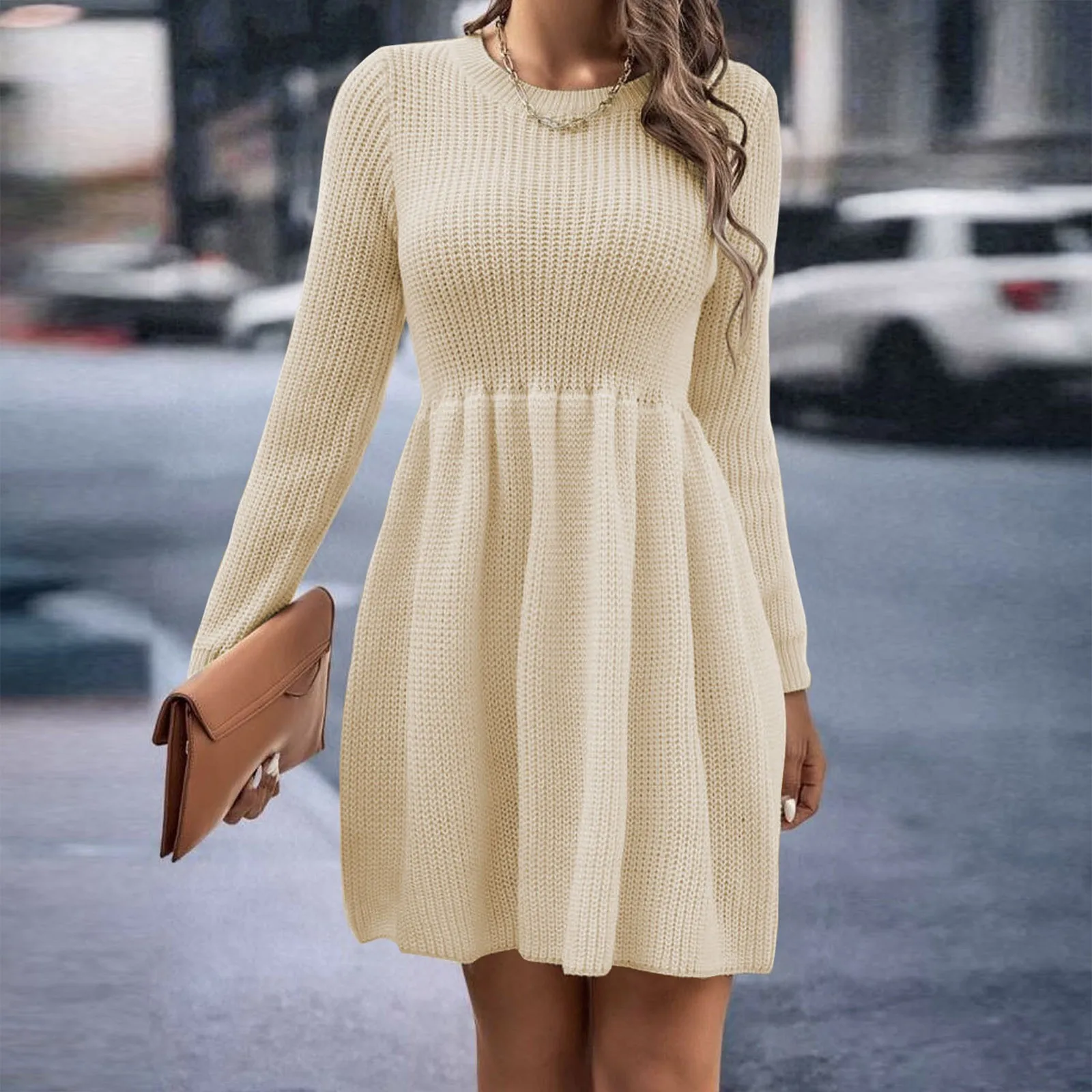 2023 Autumn Knitted Dress Women\'s New Flowing A-line Skirt Elastic Sleeve Solid Color Women\'s Patchwork Long Sleeve Dress Robe