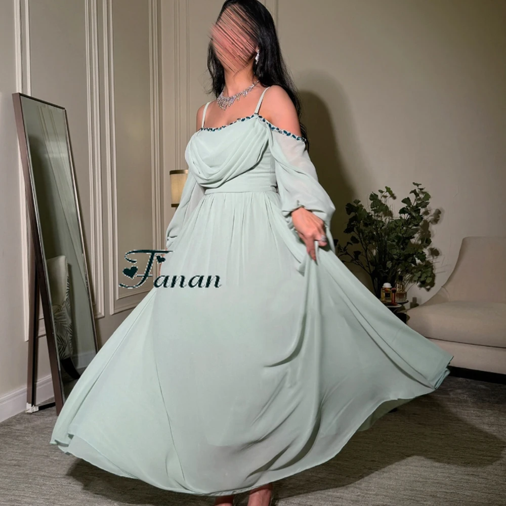 Personalizado bebê azul barco pescoço chiffon vestido de noite meia fora do ombro mangas cristal vestido de festa a linha até o chão vestido de baile