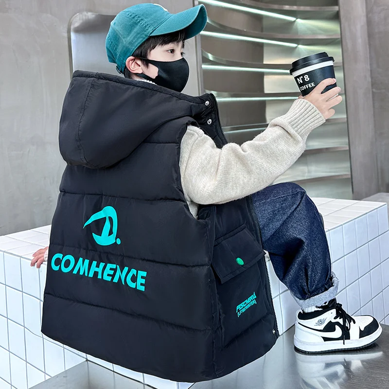 남아용 겨울 후드 면 따뜻한 조끼 재킷, 2024 10 대 야외복, 캐주얼 스포츠, 크리스마스 선물