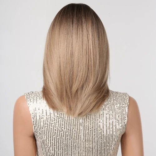 Imagen 2 del producto Peluca sintética de capas cortas para mujer, pelo liso de aspecto Natural de longitud media, marrón ombré, con flequillo, resistente al calor, Afro