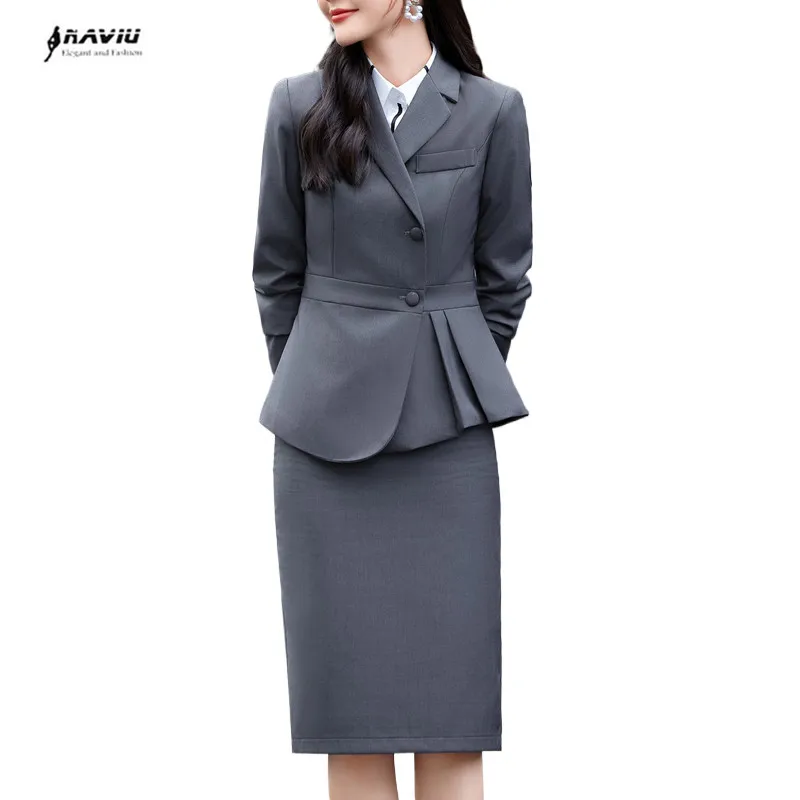 NAVIU Women Skirt Suit Gray Navy Blue Black Solid Office Ladies Female Business Work Wear 2 Piece Set Formal Blazer Jacket Skirt