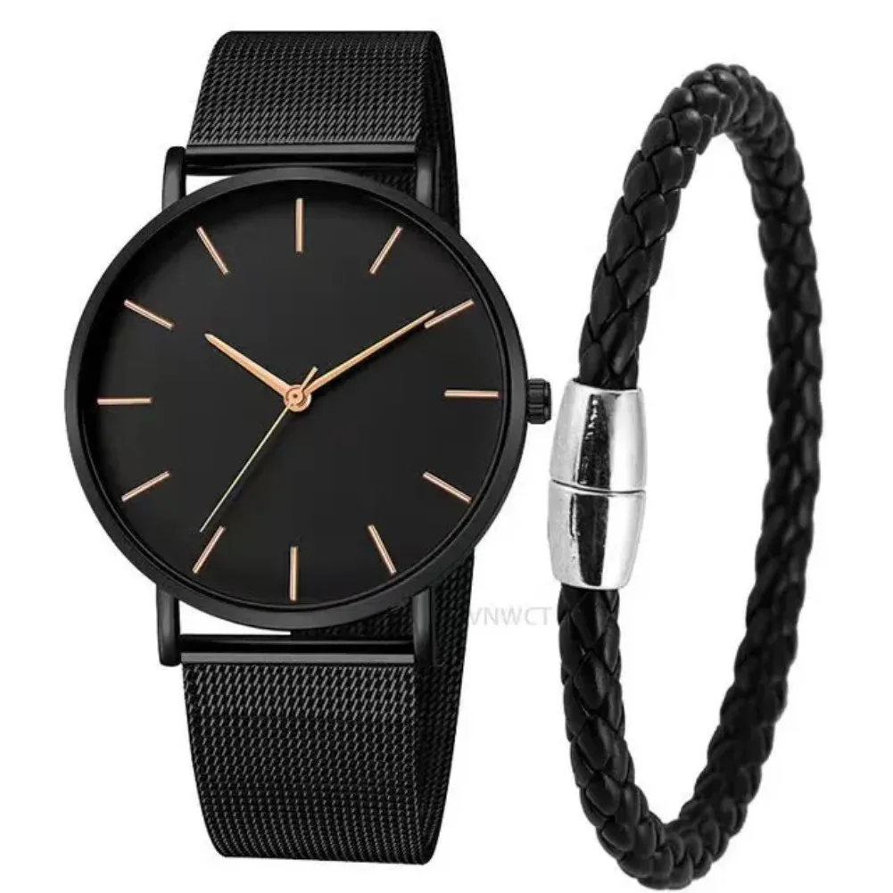 

2pc Simple Black Quartz Watch With Bracelet For Men Casual Fashion Round Simple Silver Watch Dainty Wheat Bracelets Set