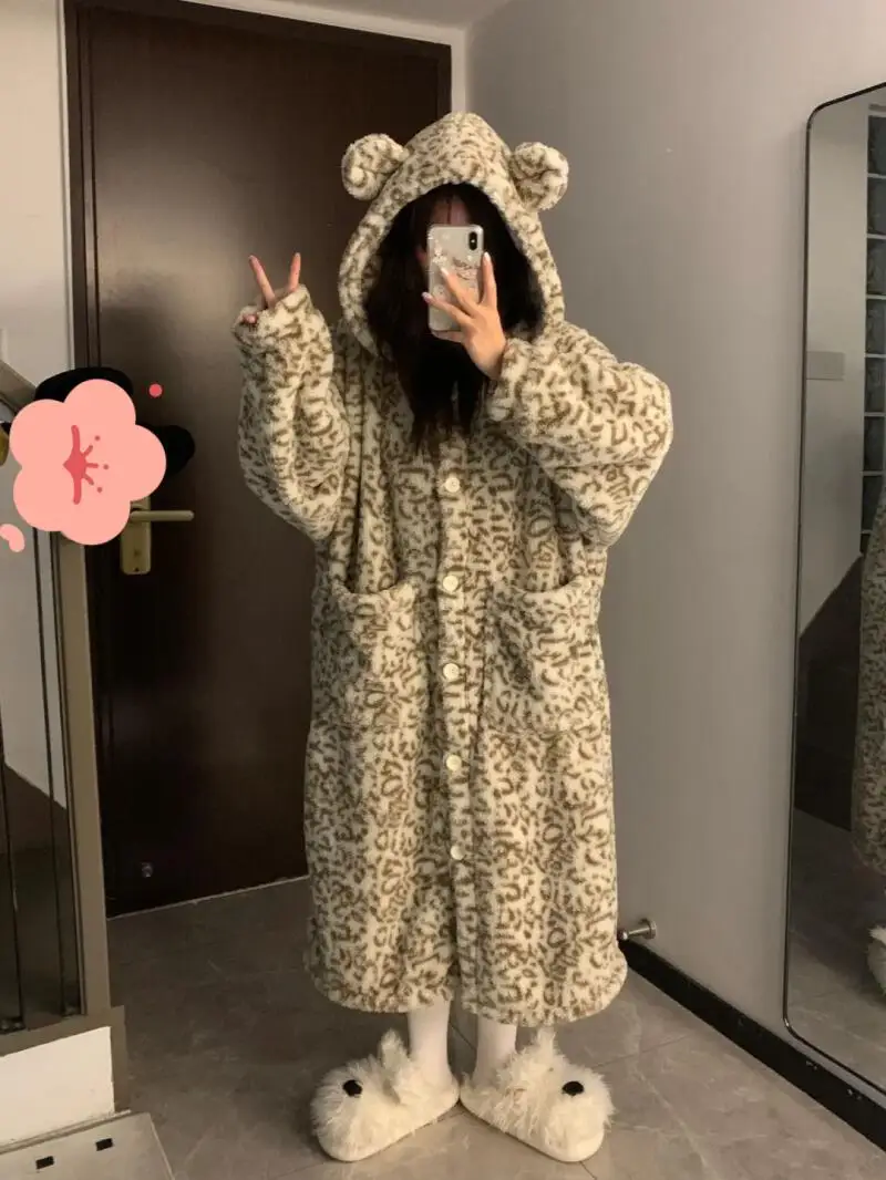 

Pajamas Women Leopard Print Bear Coral Fleece Sleepwear Cozy Warm Long Hooded Robe For Girls Winter Homewear Cute Kawaii Fashion