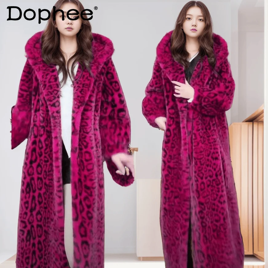 Temperament Lady Winter Thickened Warm Fluffy Coat Fashion Leopard Print Solid Color Hooded Long Faux Fur Coat Female