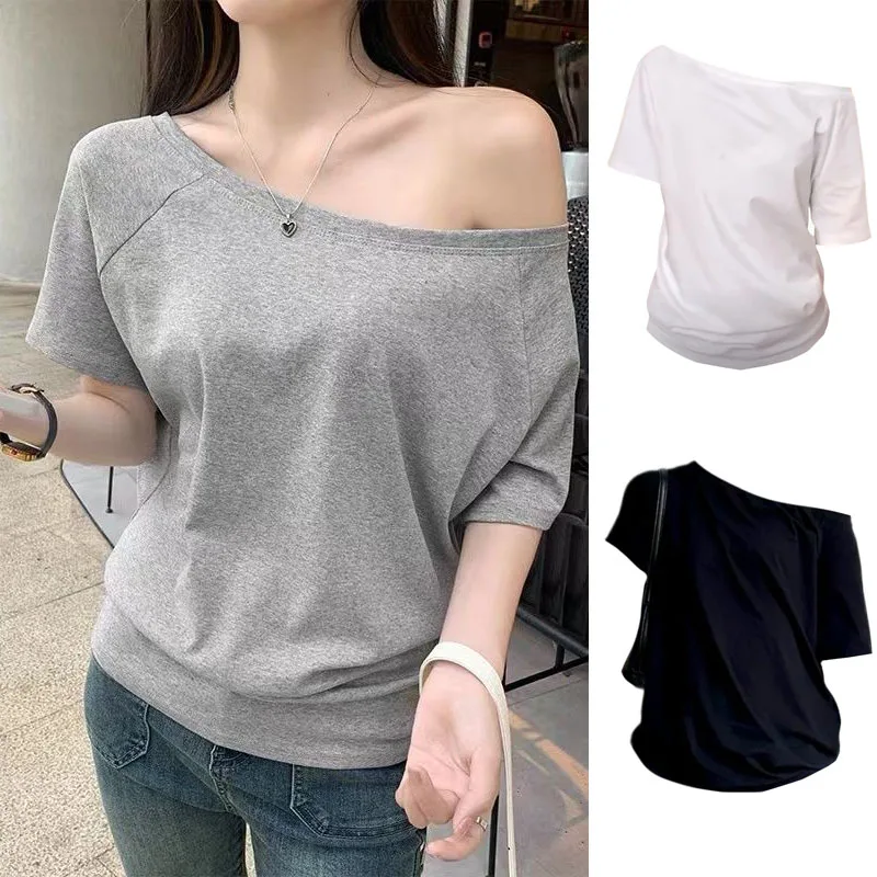 

1pcs Summer Women Basic Model Solid Color T-Shirt Lady Short-Sleeved Skew Collar t-Shirt Female Street Style Sexy Slim Fit Tee
