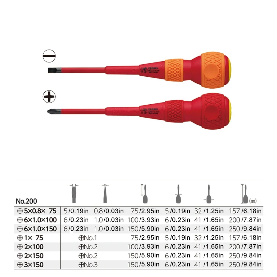 VESSEL VDE 200 Insulated Screwdriver , Japan 1000v Electrician Repair Ball Grip Cross Slotted and Slotted Screwdriver Series