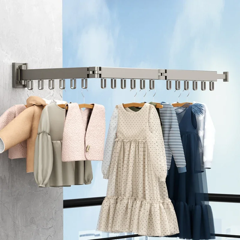 

Wall Mounted Folding Hanger Aluminum Retractable Clothes Organization Storage Rack Home Balcony Punch-Free Cloth Drying Holder