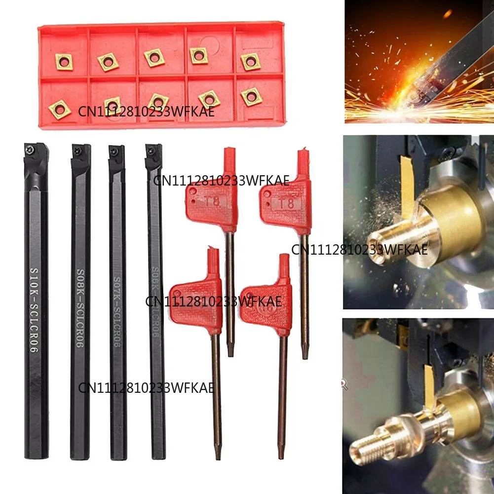 6/7/8/10mm SCLCR06 Shank Lathe Turning Tools Holders Boring Bar Tools Lathe Cutter Metal Turning Rods Holders 10pcs Inserts