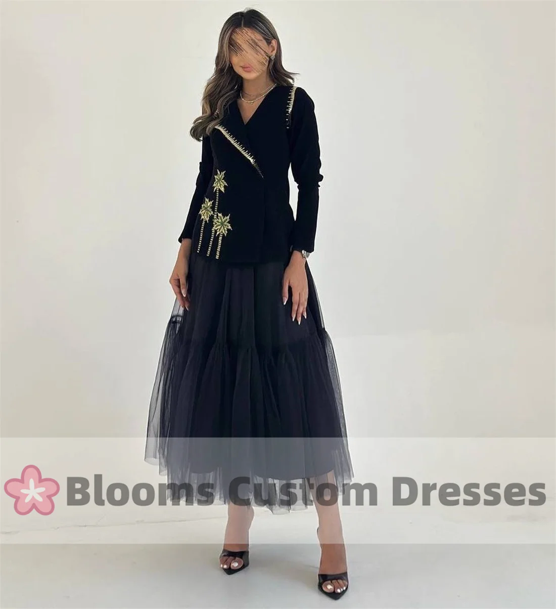 Blooms Customized Black Crepe Tulle A-Line Evening Dresses Beaded Coconut Tree Long Sleeves Formal Occasion Party Dress For Prom