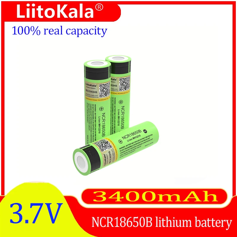 LiitoKala-Lithium Rechargeable Battery for Flashlight Batteries, Original NCR18650B 3.7V 3400mAh 18650, 4.2V