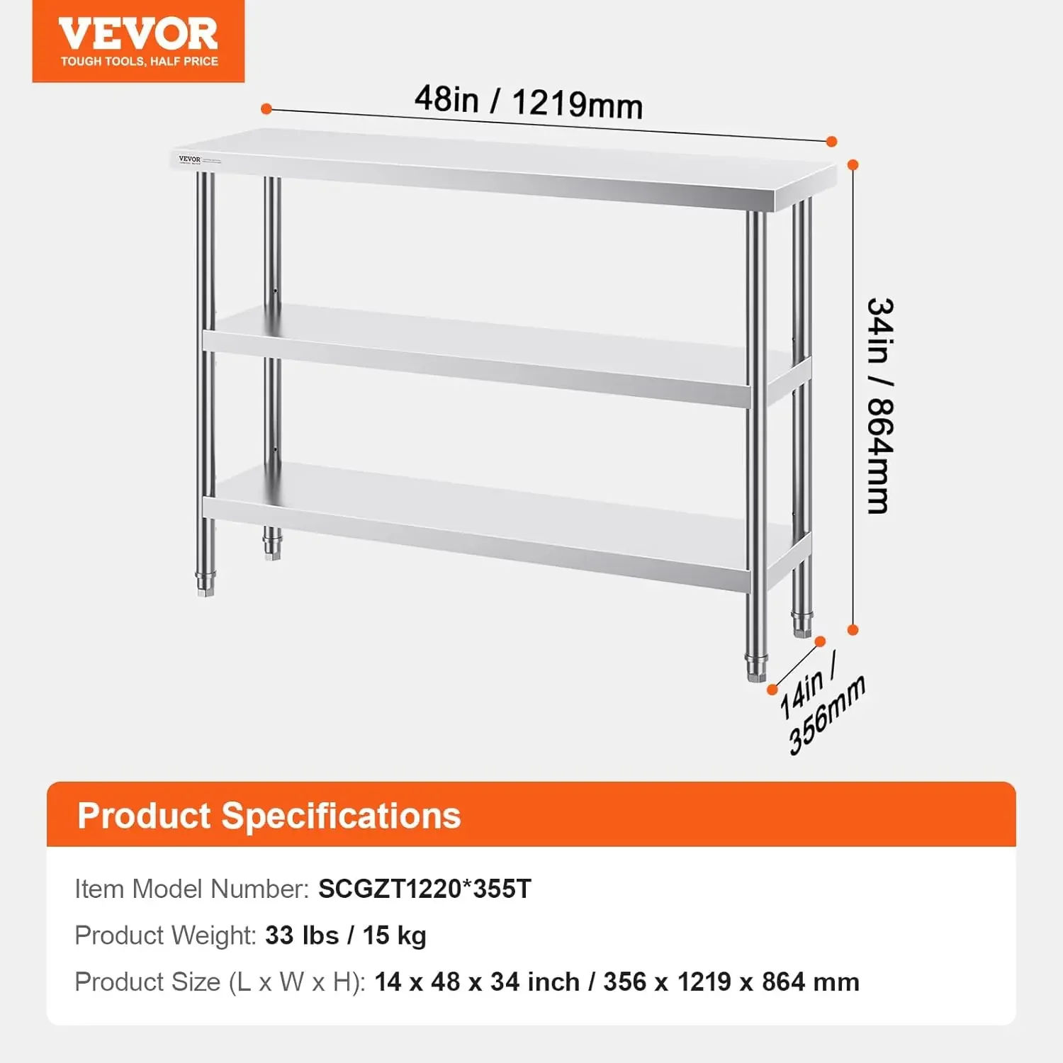 Mesa de preparación de alimentos de acero inoxidable, mesa de trabajo de cocina comercial de 14 x 48 x 34 pulgadas, con 2 ayudas interiores ajustables, preparación resistente