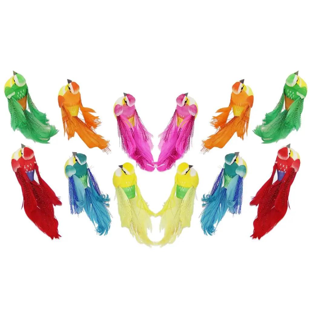 12 Pieces of Artificial Bird with Multicolored Feathers for Crafts From