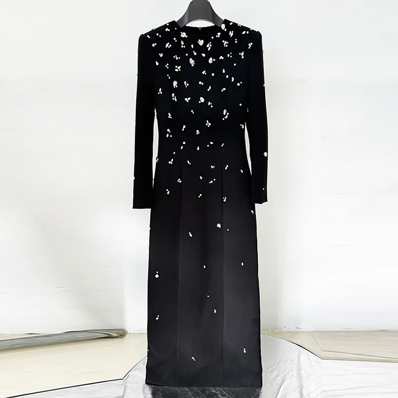 

Fashion High Neck Long Sleeve Bodycon Maxi Dresses for Women Luxury 2025 Summer New Diamonds Celebrity Party Dress Women Clothes