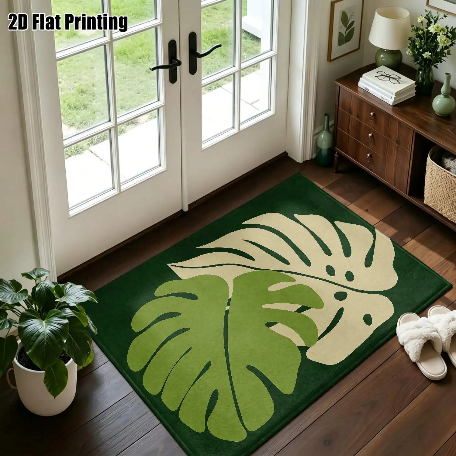 1Pc 2D Printed Green White Turtle Shell Leaf Pattern Nordic Carpet, Instagram-Inspired Floor Mat, Modern Minimalist Vintage Geometric Line Rug, Home Decor, Multi-Size Machine Washable, for Entrance, Dining, Foyer, Bedroom, Living Room
