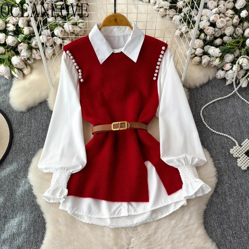 OCEANLOVE 2 Pieces Women Shirts&blouses Solid Beading Autumn Winter Korean Fashion Blusas Mujer Elegant Chic Sweet Camisas