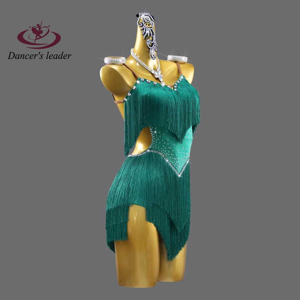 Latin Dance Stage Women's High-end Customized Diamond Collar Heavy Industry Tassel Samba Rhinestone Performance Dress