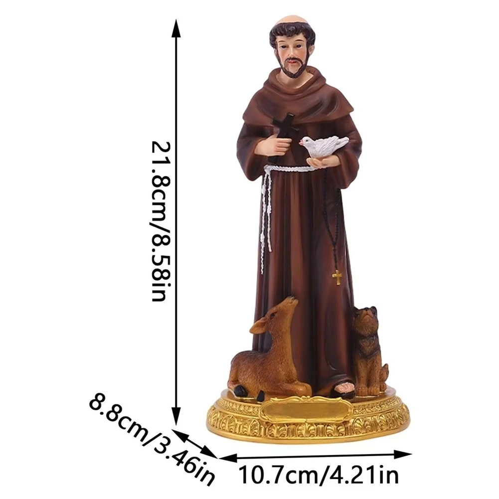 A71Z  Francis Statue Hand Painted Resin Statue Figurine with Crosss Desktop Sculpture Ornament Home