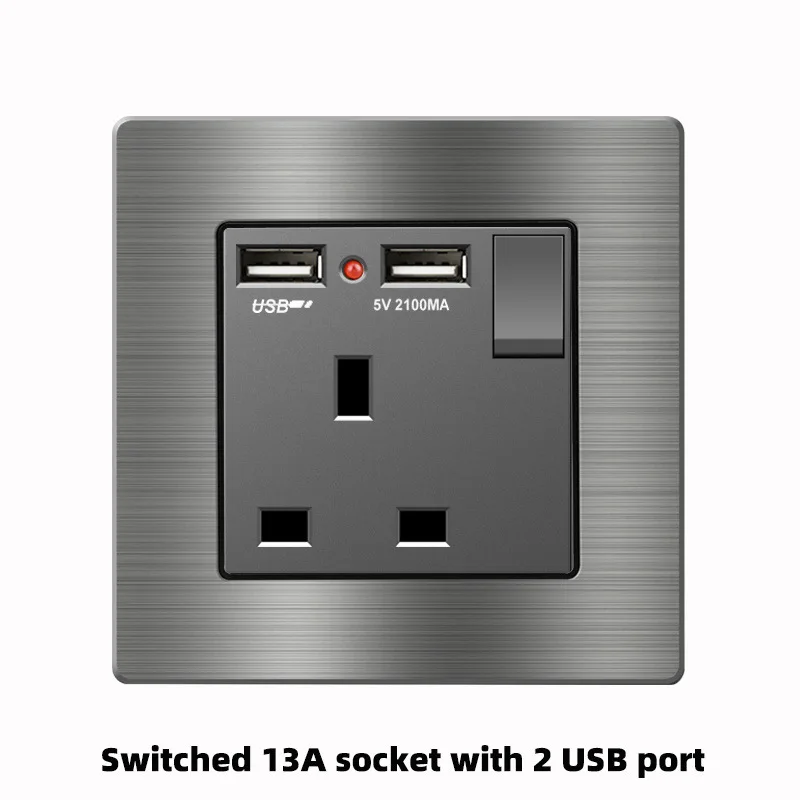 Aluminum Alloy Brushed Grey Panel Single Twin Socket with USB 3.1A Fast Charge Type C USB 13A UK Standard