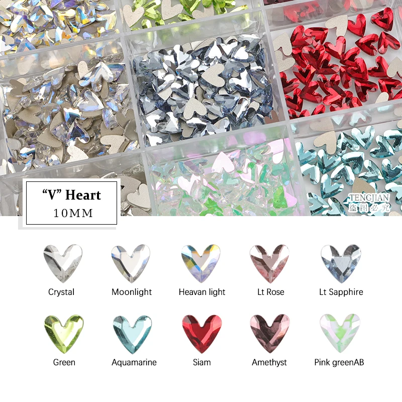 10MM V-Heart Shape Flat Back Nail Art Rhinestone 12 Color Glass Stone DIY Manicure Decorations Mini Diamond 100Pcs