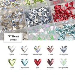 10MM V-Heart Shape Flat Back Nail Art Rhinestone 12 Color Glass Stone DIY Manicure Decorations Mini Diamond 100Pcs