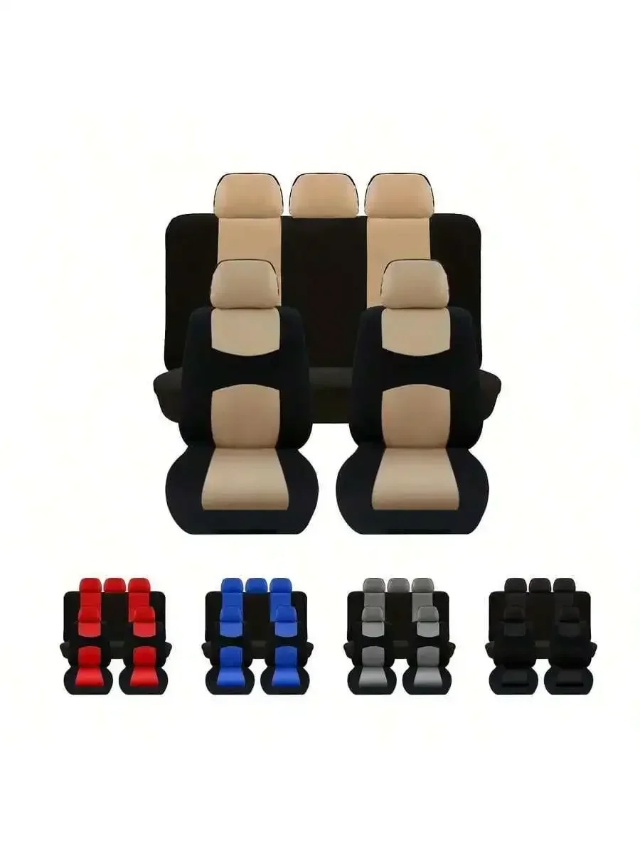 Universal Full Set Car Seat Cover Red Black Polyester Fabric Comfortable Soft Fit Removable Headrest