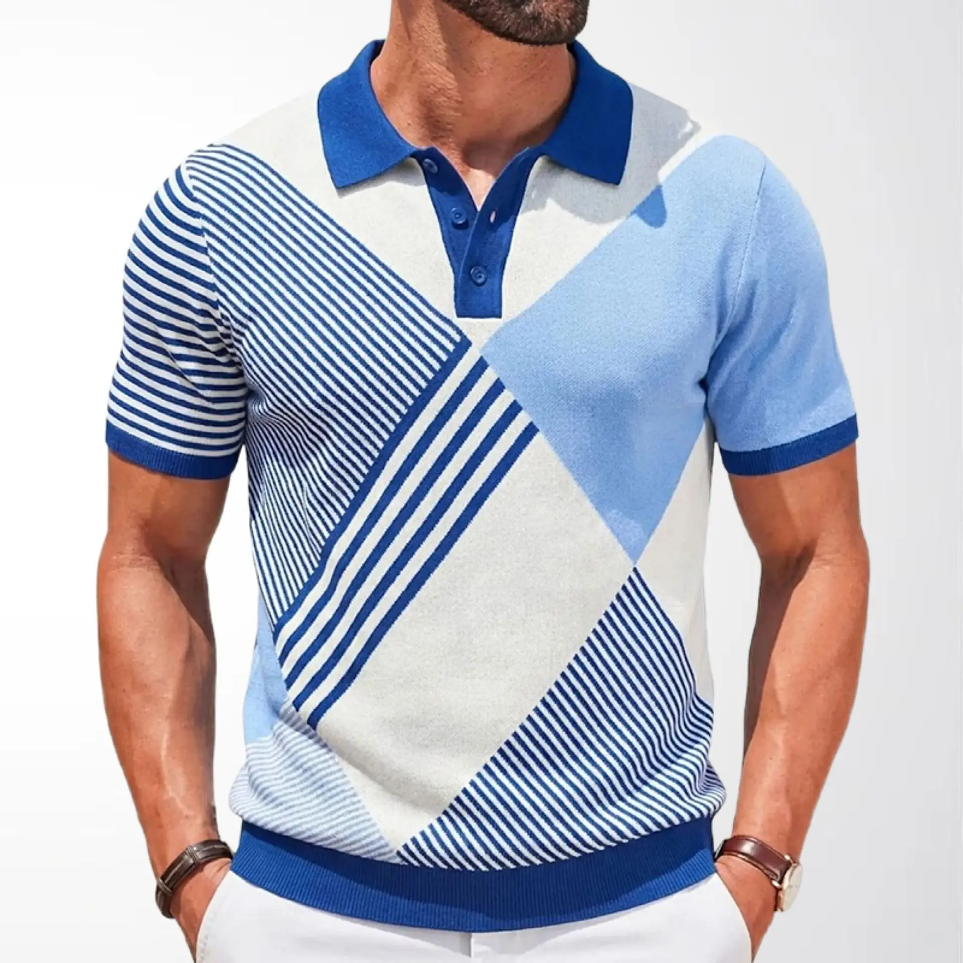 New Men's Color Matching Jacquard Men's Knitted Sweater Casual Short-sleeved Pullover POLO Shirt