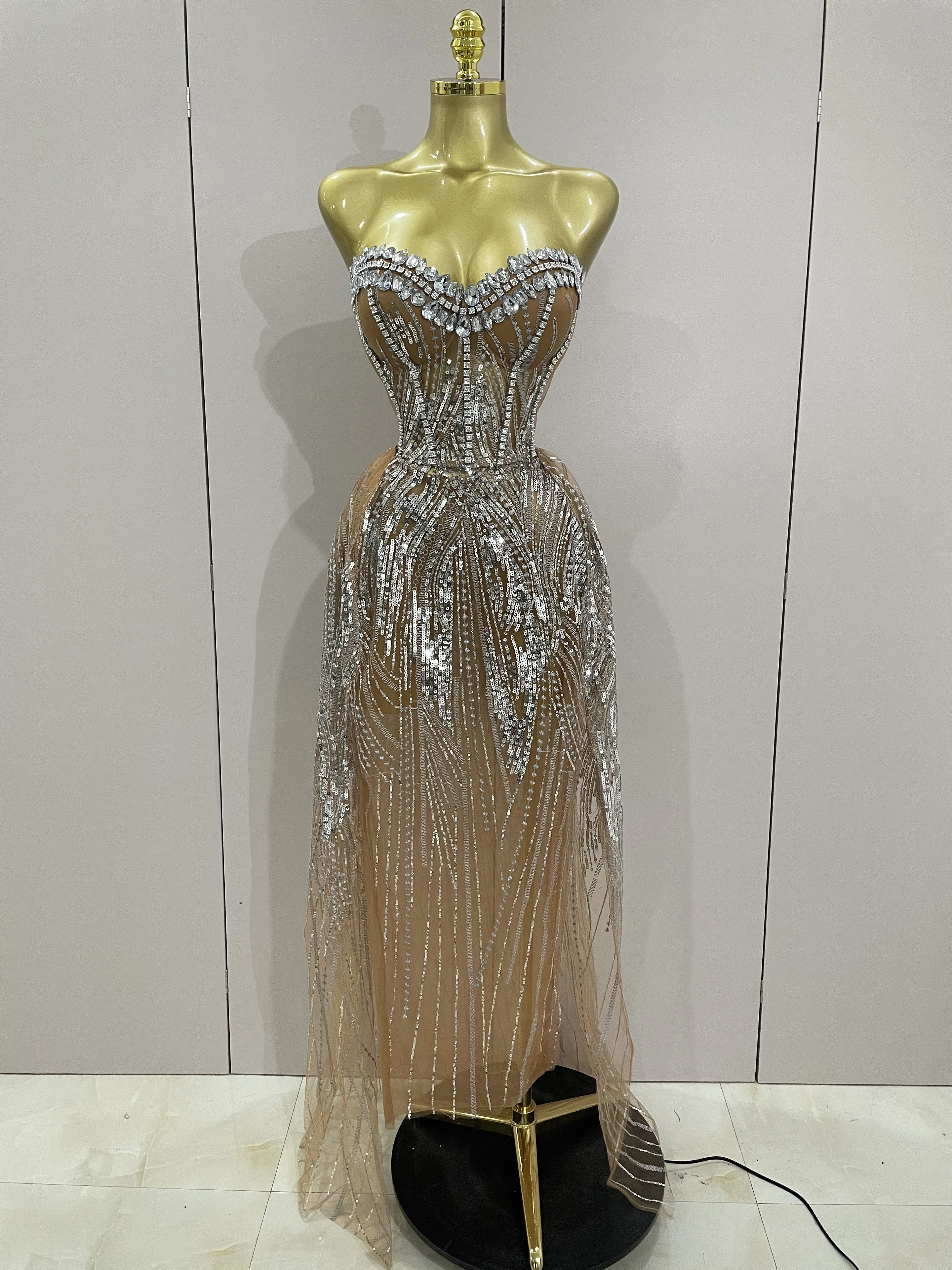 

2025 Sparkly Rhinestone Sequins Sexy Strapless See-Through Long Dress Women Evening Birthday Party Dress Nightclub Stage Costume