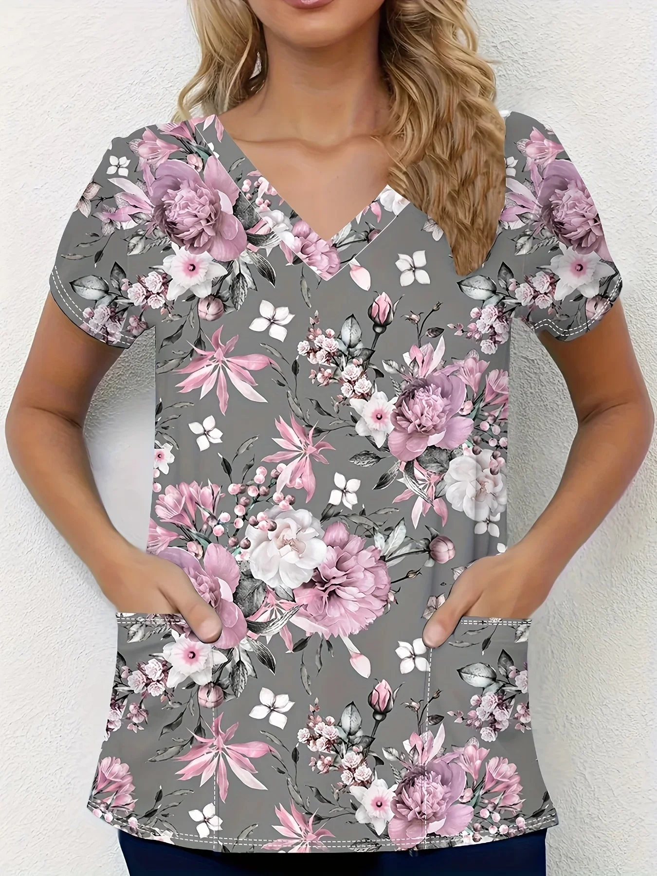 Floral Print V-Neck Clinical Uniform Top for Women Stretchy Sanitary Dental Short Sleeve Medico Nurse Uniform Wholesale