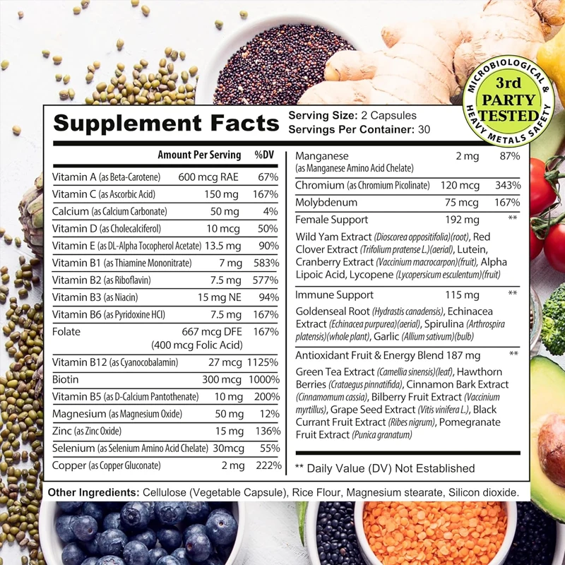 Complexe Vitamines Voor Vrouwen-Energie En Immuunondersteuning-Ijzervrij-Vitamines Voor Vrouwen: A, C, D, Zink, Magnesium,B-Complex Vitamines