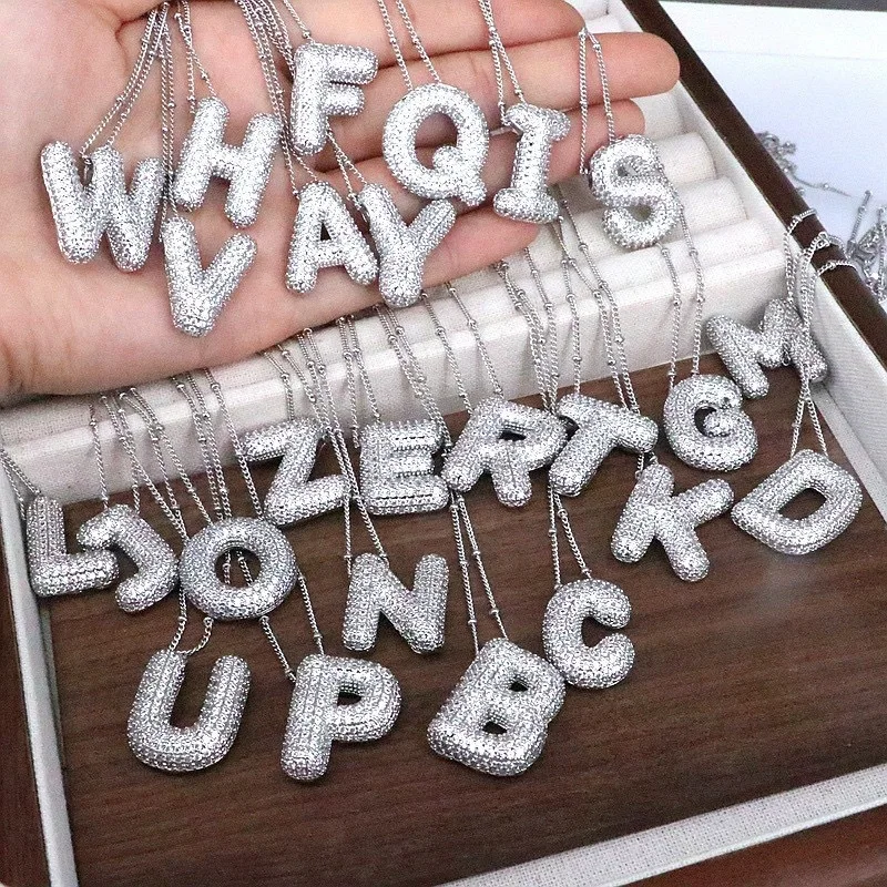 Shiny Zircon Initial Letters Pendant Necklace for Women Men Silver Color Balloon Bubble Chunky Necklace Hip Hop Jewelry Gift